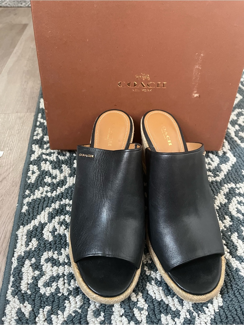Coach Black Leather Open-Toe Espadrille Slides with Tan Insole
